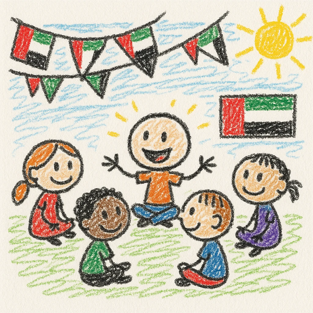 group of children in a circle on the classroom floor, one child sharing an idea, UAE flag colors in classroom decorations, fun and engaging for kids emoji