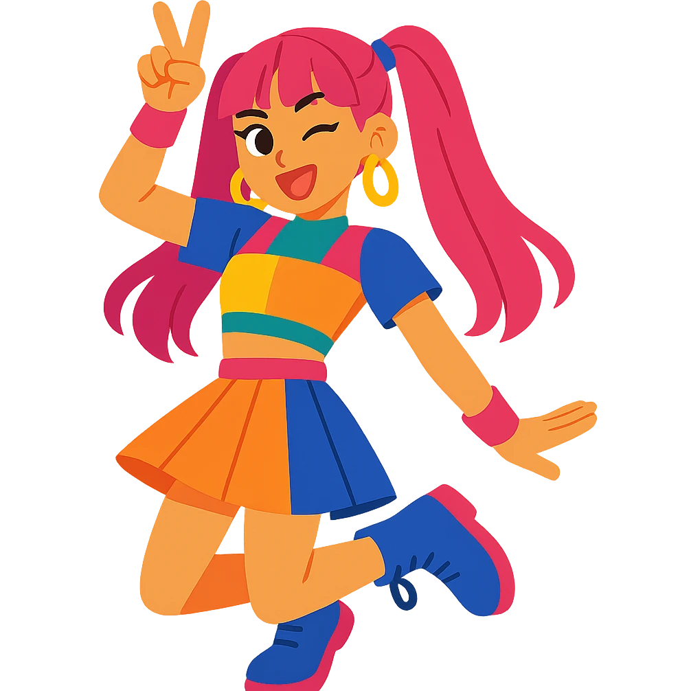 K-pop idol inspired by Blackpink, energetic pose, colorful outfit, playful expression, vibrant toon style emoji