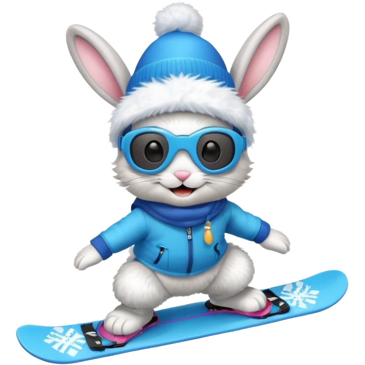 A bunny on a snowboard in blue wearing ski goggles and making party emoji