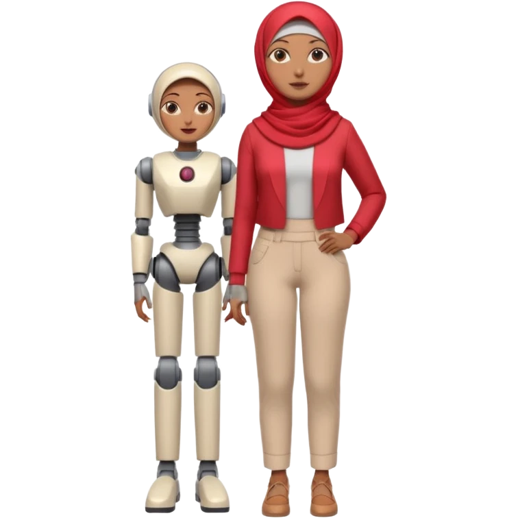 Heavy-set woman with medium-brown skin wearing a light red hijab, cream top, light red pants, tan shoes, and a grey robot leg. Standing confidently with one hand on her hip emoji
