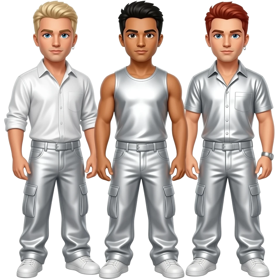 Backstreet Boys with Nick with blue eyes, blonde hair, white metallic shirt and baggy pants, AJ with brown eyes, black hair, white metallic sleeveless shirt and baggy pants, Brian with blue eyes, red hair, white metallic shirt and baggy pants emoji