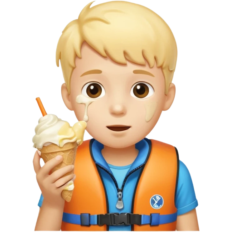 boy kid wearing lifejacket, eating ice cream emoji