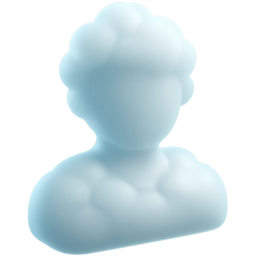 front view, person made of white fluffy clouds, shoulder up, matte glass style emoji
