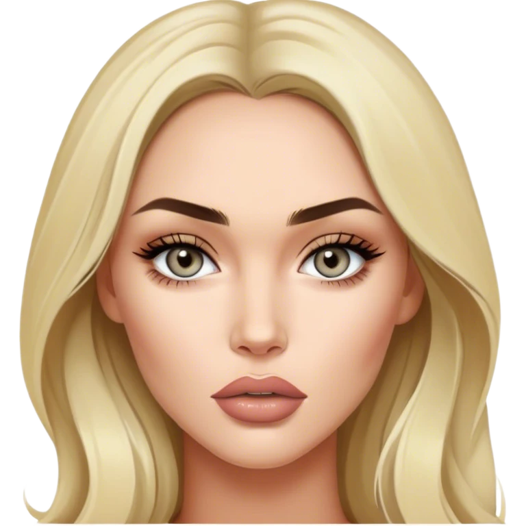 A young blonde Megan fox with nude lipstick on and grey eyes emoji