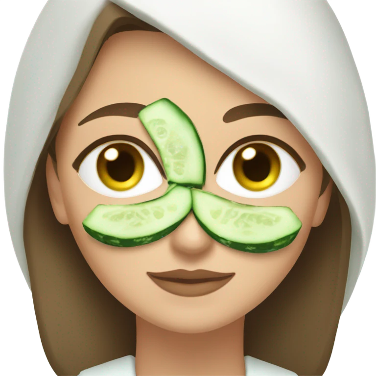 White girl with Brown hair and blue eyes wears a Green colored clay mask and puts on cucumbers around her eyes while She relaxes in her white Robe emoji