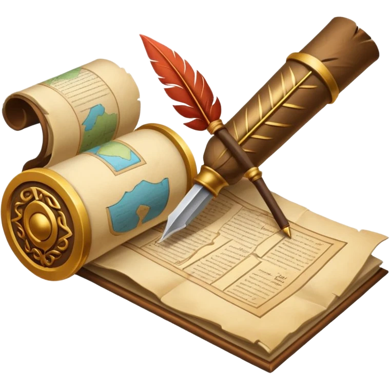An icon featuring an ancient scroll, a quill, and a historical artifact like a shield or coin. The design includes a backdrop of old maps and timelines, symbolizing the study of past events and civilizations. Transparent background highlights the exploration of history. emoji
