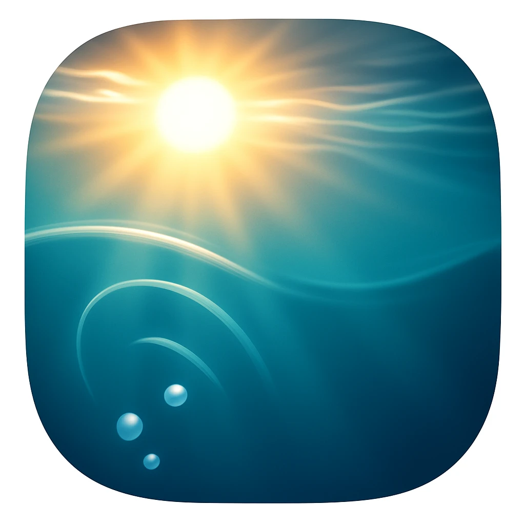 Create an underwater emoji that looks exactly like the reference image in iOS emoji style. The emoji should have a 3D appearance with shiny, smooth gradients, soft shadows, and sunlight filtering through water, capturing the classic emoji look. Add a subtle highlight to the water. emoji