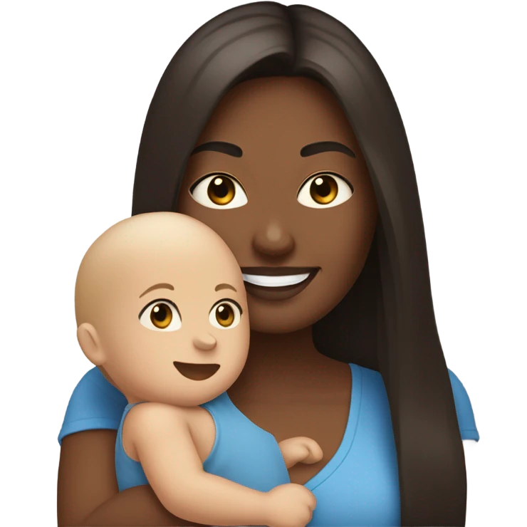 white woman, with straight long mid hair, dark brown hair, blue eyes, round face, uni-lips. holding her baby boy, one year old, brown skin, bit of hair straight brown smiling emoji