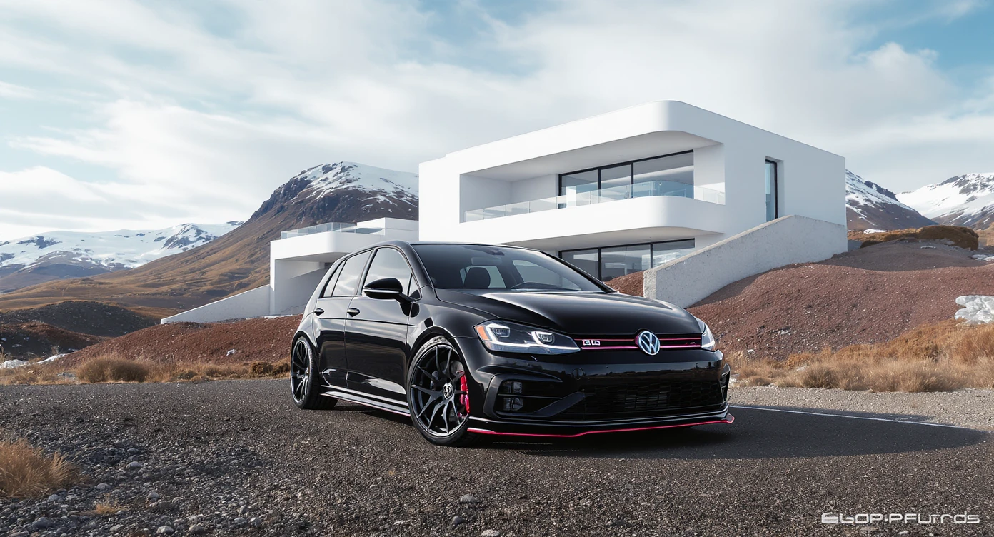 black Golf 4 with bodykit, in background is modern huge two flors white villa, in distance are iceland mountains, rule of thirds, shot on gopro hero, noise camera emoji