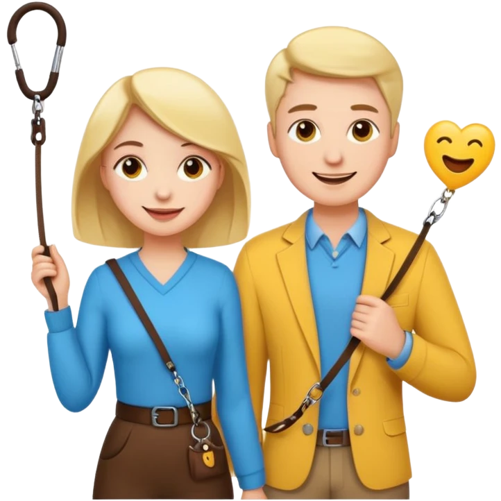 a woman confidently holding a leash attached to a man, playful and lighthearted scene, emoji style, no background emoji