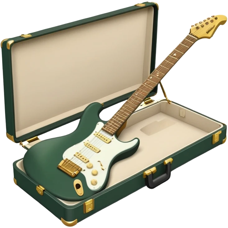 minimalist electric guitar in dark green, closed inside a black rectangular hard case with gold latches, soft matte textures, simplified details, alternate angle emoji