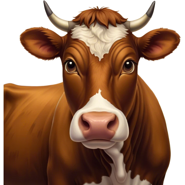 Cinematic Noble Brown Cow Portrait Emoji, Poised and regal, with a large, sturdy build and a smooth, well-groomed deep brown hide, deep-set soulful brown eyes, Simplified yet sharp and sophisticated features, highly detailed, glowing with a soft, dignified glow, high shine, intelligent and calm, stylized with an air of pastoral majesty, focused and attentive, soft glowing outline, capturing the essence of a watchful and confident bovine guardian, so majestic it feels as though it could amble out of the screen with effortless authority! emoji