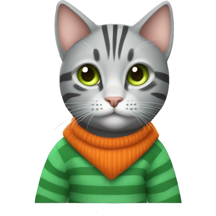 A striped grey cat with green eyes with orange sweater in full growth emoji