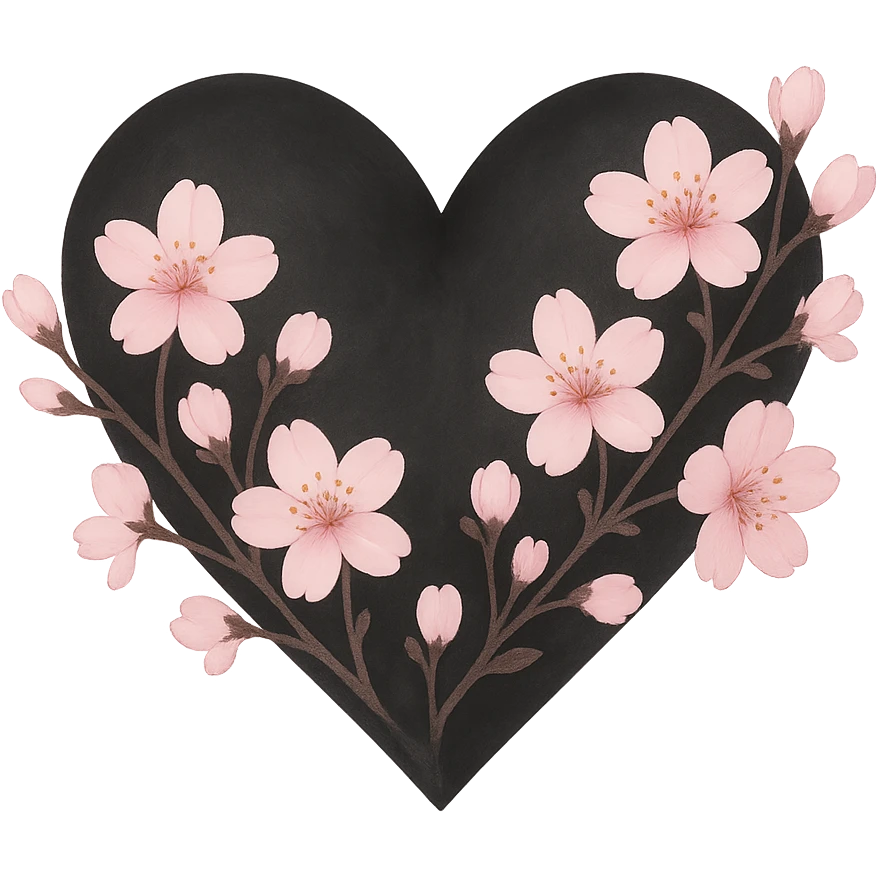 goth sakura heart, soft pastel gradient, black heart with delicate pink sakura, dreamy and gentle emoji