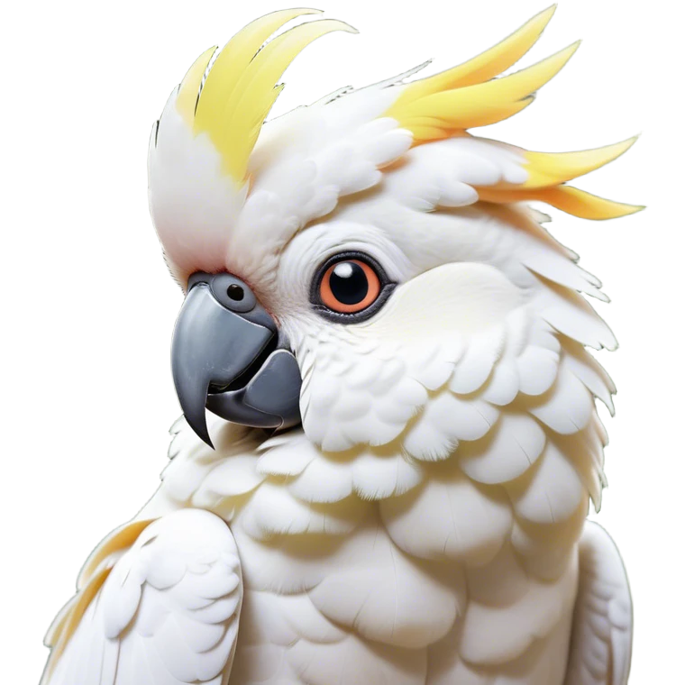 Cinematic Cute Cockatoo Portrait Emoji, Head tilted playfully and inquisitively, featuring a charming, fluffy form with a vividly colored crest, round, sparkling eyes full of playful wonder, and a soft, curved beak, Simplified yet irresistibly adorable features, highly detailed, glowing with a warm, inviting tropical glow, high shine, affectionate and lively, stylized with a touch of whimsical avian charm, soft glowing outline, capturing the essence of a mischievous yet loving cockatoo that seems as if it could flutter out of the screen into your arms! emoji