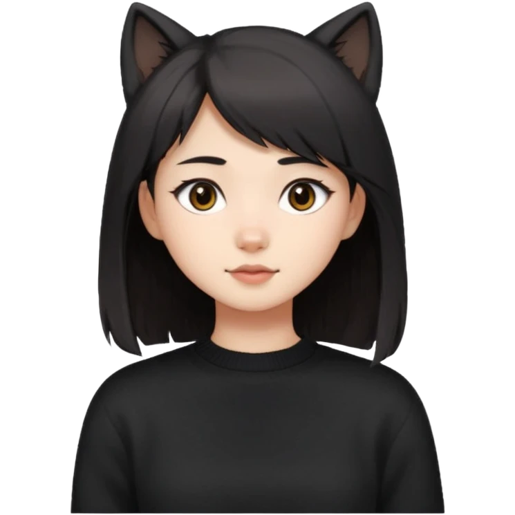 White skin girl, blac wolf cut hair, dark brown eyes, cute Asian face, black sweather emoji