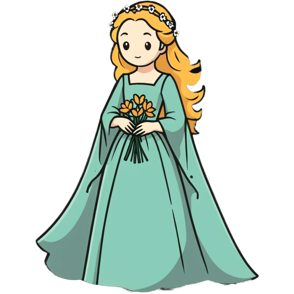 Ophelia from Shakespeare's Hamlet looking distressed, scattering flowers, wearing a medieval gown, based on both the tragic character and Millais' painting emoji