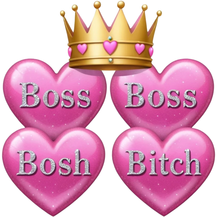 Pink Hearts and crowns with glitter and the words boss bitch emoji