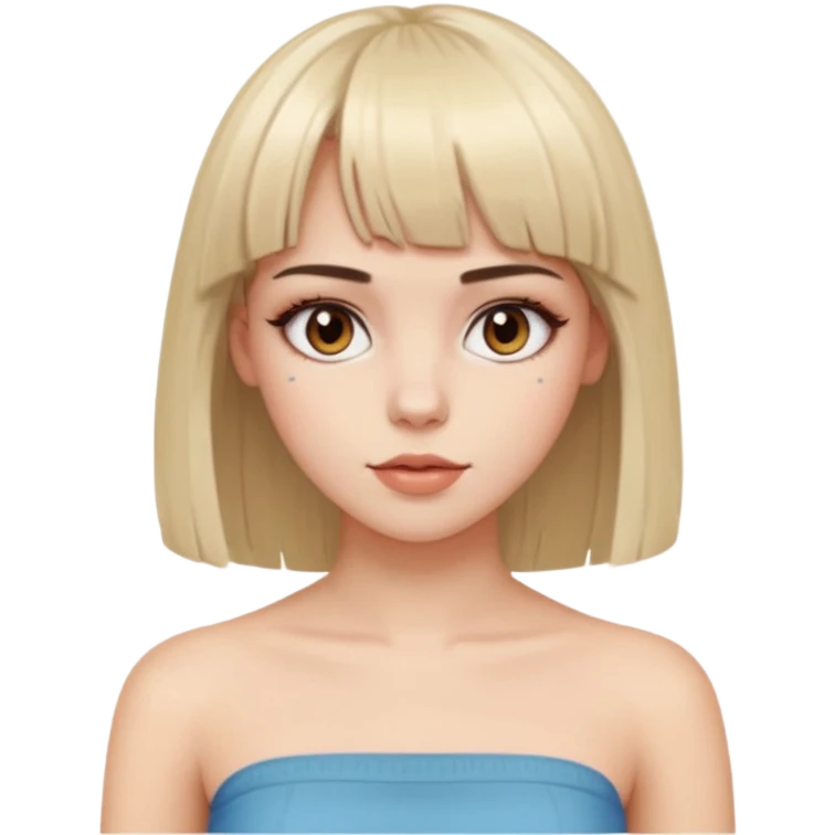 pale girl, who has straight medium length hair with bangs, brown eyes and abg make-up and wearing a tube emoji