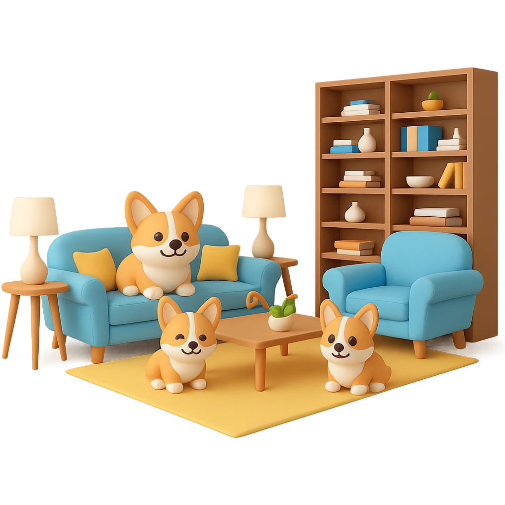 Change the dog family to a corgi breed, keep the cozy living room scene, in the style of 3D emoji style, with no background. emoji