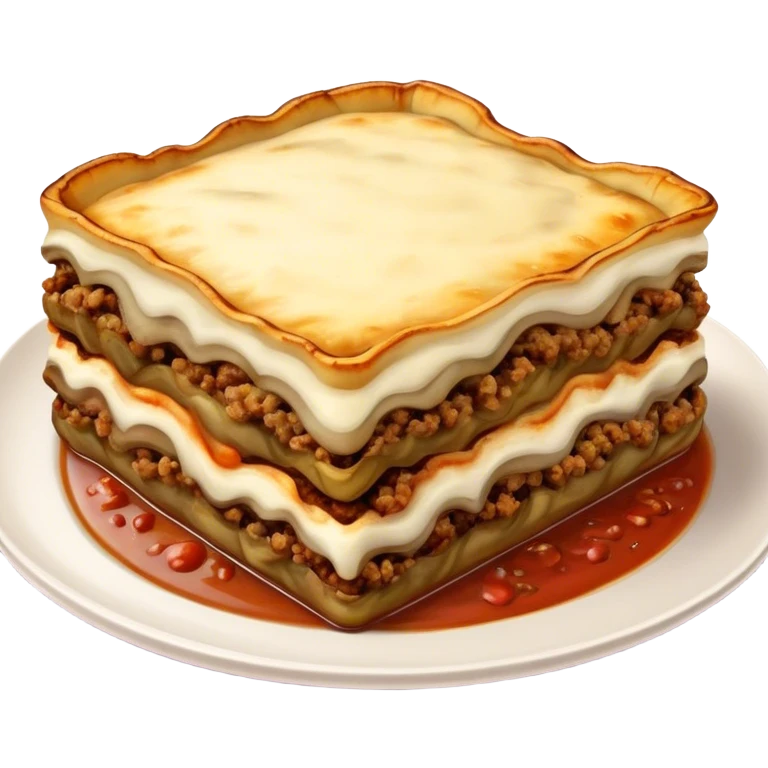 Cinematic Realistic Moussaka Dish Emoji, depicted with layers of eggplant, minced meat, and b√©chamel sauce rendered with rich textures and warm, inviting lighting that captures its Mediterranean flavor. emoji