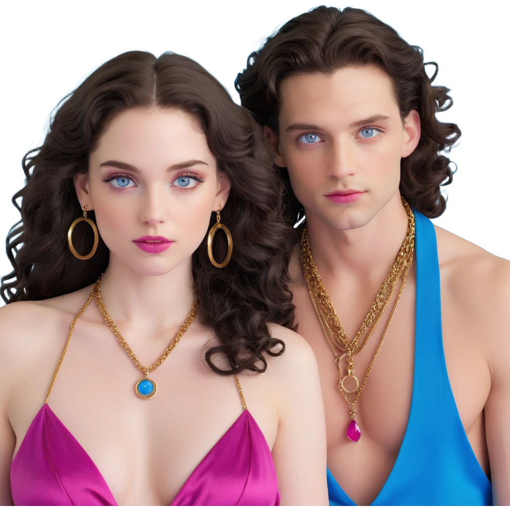 attractive couple with baddie energy, woman with big blue-grey eyes, long lashes, pale skin, pink lips, long voluminous dark brown curls, gold hoop earrings, revealing silky halter top next to handsome man with intense blue-grey eyes, chiseled features, pale skin, confident smirk, dark brown styled hair, gold chain, revealing open shirt emoji