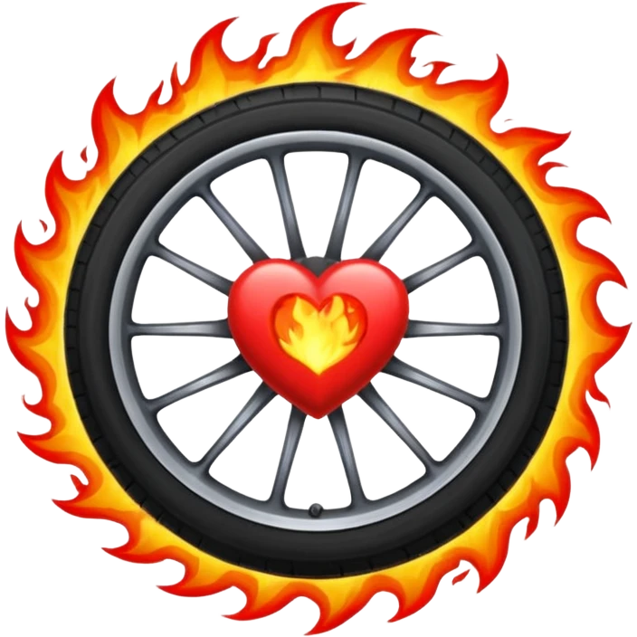 the car wheel is on fire, and in the center of the wheel there is a red fiery heart, high quality emoji