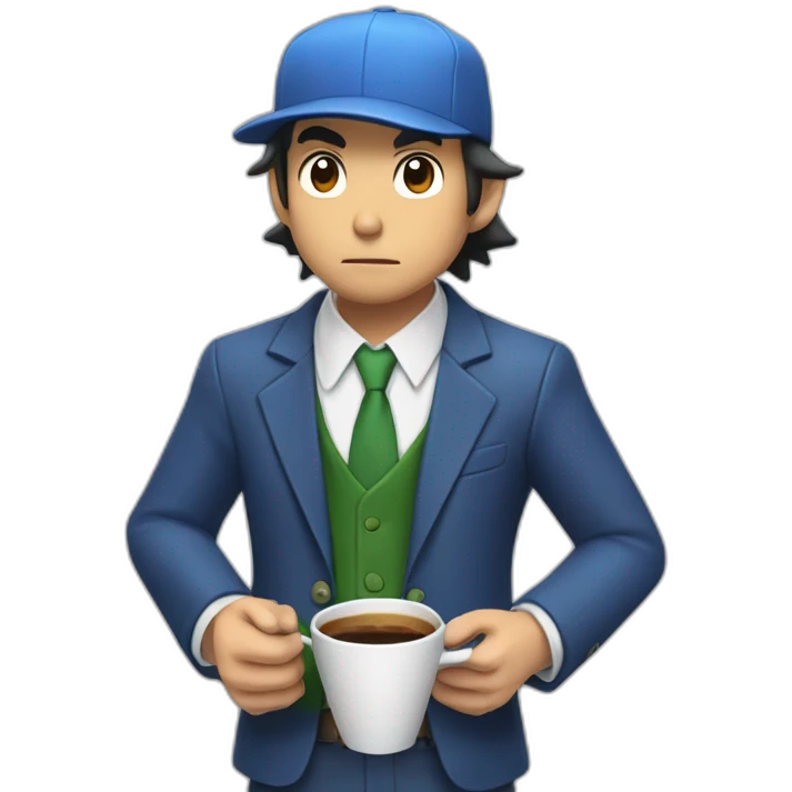 ash ketchum with a suit, holding a coffee cup, and whistling emoji