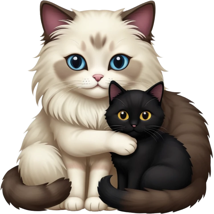 A adult ragdoll cat hugging an adult black cat  emoji