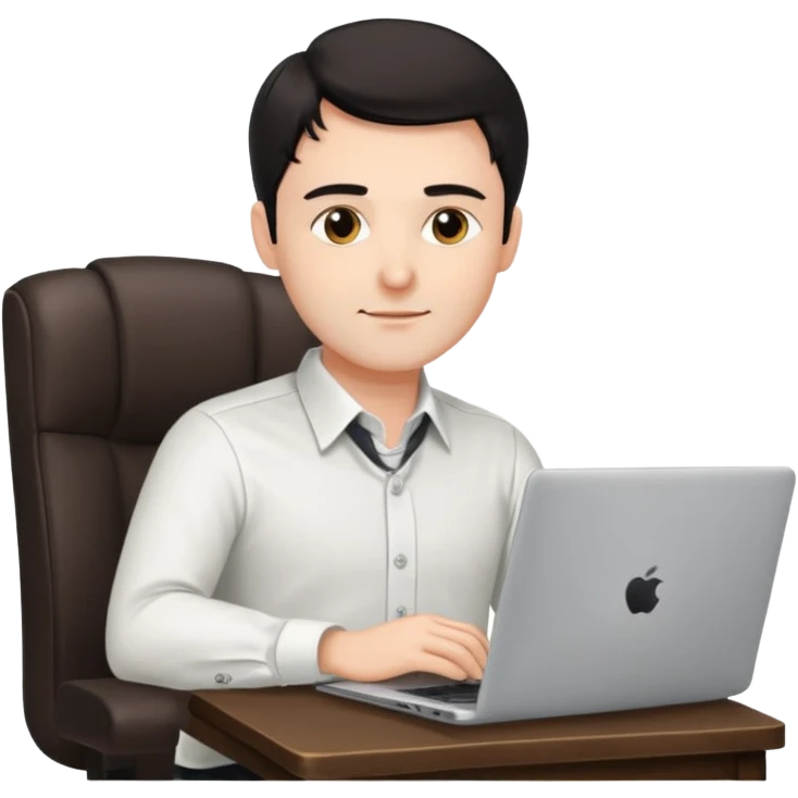 Rich man working setting on a chair in shirt, dark hair, and near the desk with laptop he is german very beautiful looks like emoji