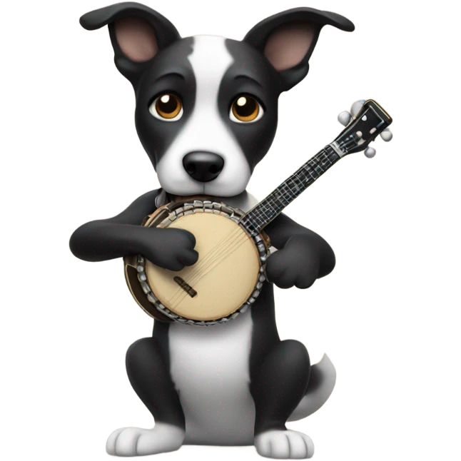Black and white dog playing banjo emoji