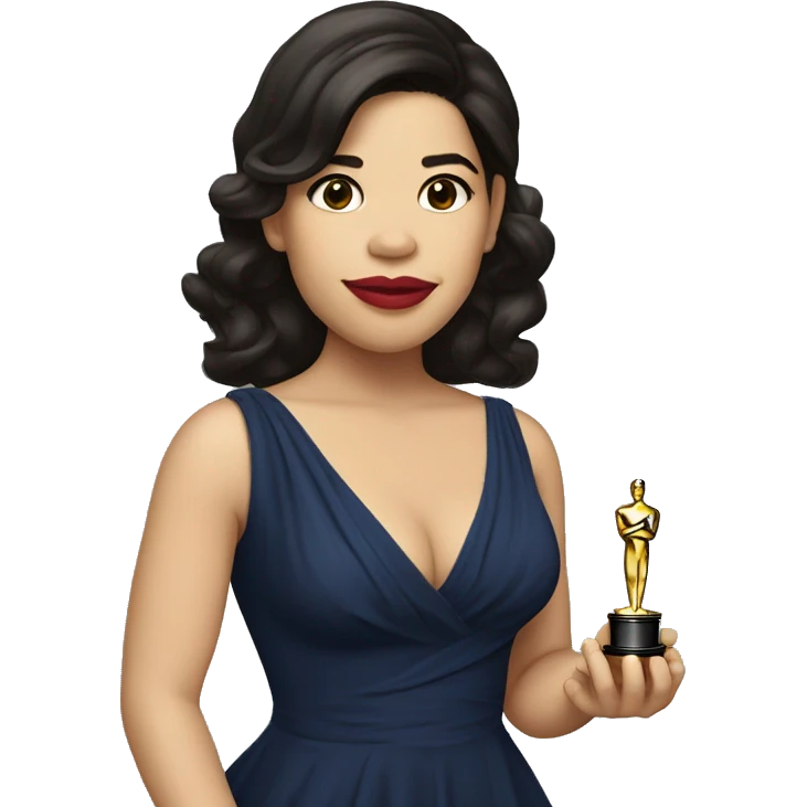 America Ferrera wearing a dress, holding an Oscar emoji