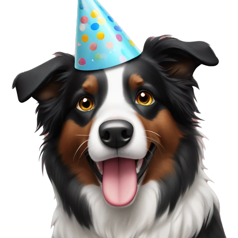 A black and white Border Collie with black freckles wearing a party hat.   emoji