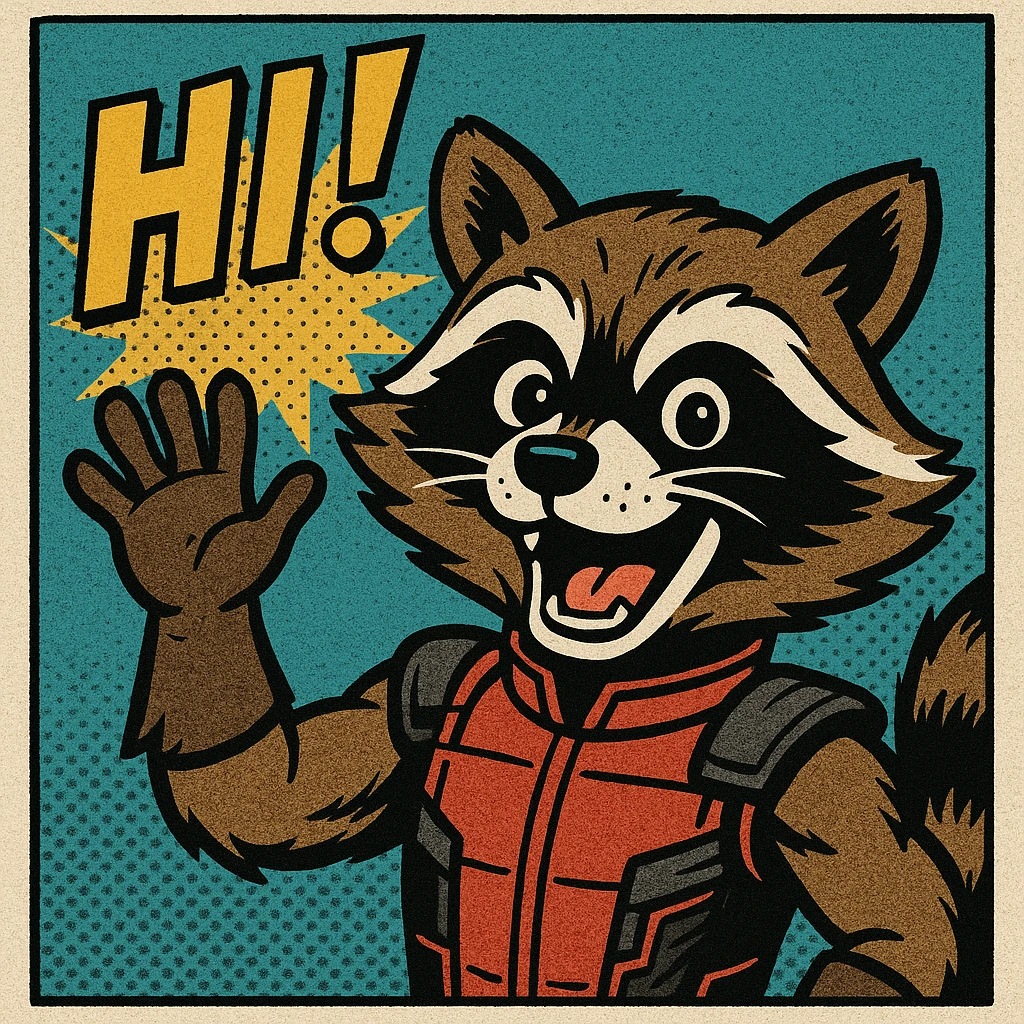 Rocket Raccoon waving with a cheerful expression, comic book style, with the text: HI emoji