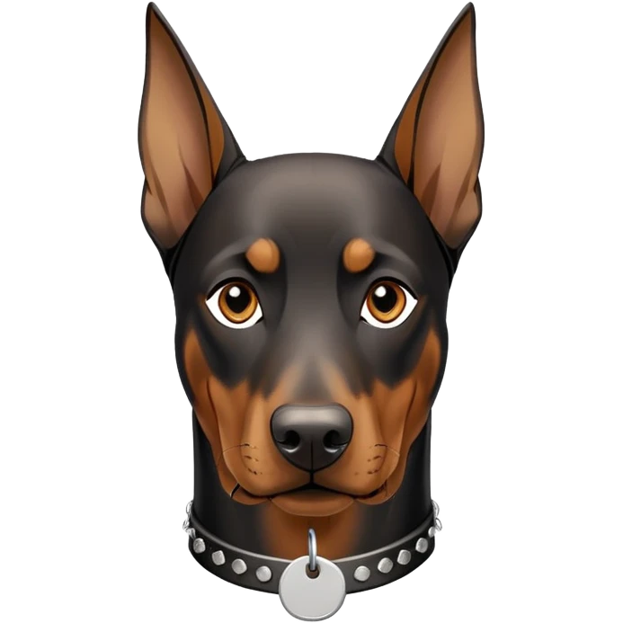 A Doberman with a dog tag that says Saint emoji