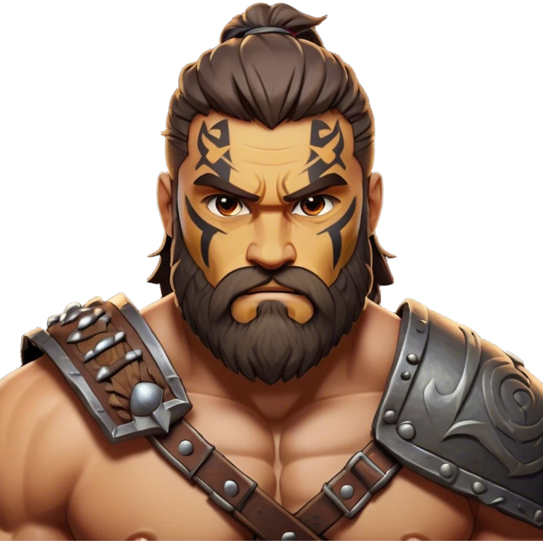 Clash of Clans aesthetic: Cinematic Rugged Barbarian Portrait Emoji, Intense and formidable with a heavily muscled physique, a rugged beard, piercing eyes, and battle-worn armor adorned with tribal markings, his expression fierce and resolute, Simplified yet powerfully detailed features, highly detailed, glowing with a deep, primal energy, high shine, gritty and uncompromising, stylized with an air of raw, untamed power, focused and determined, soft glowing outline, capturing the essence of a barbarian warrior carved by countless battles and poised to lead his clan into epic conflict! emoji
