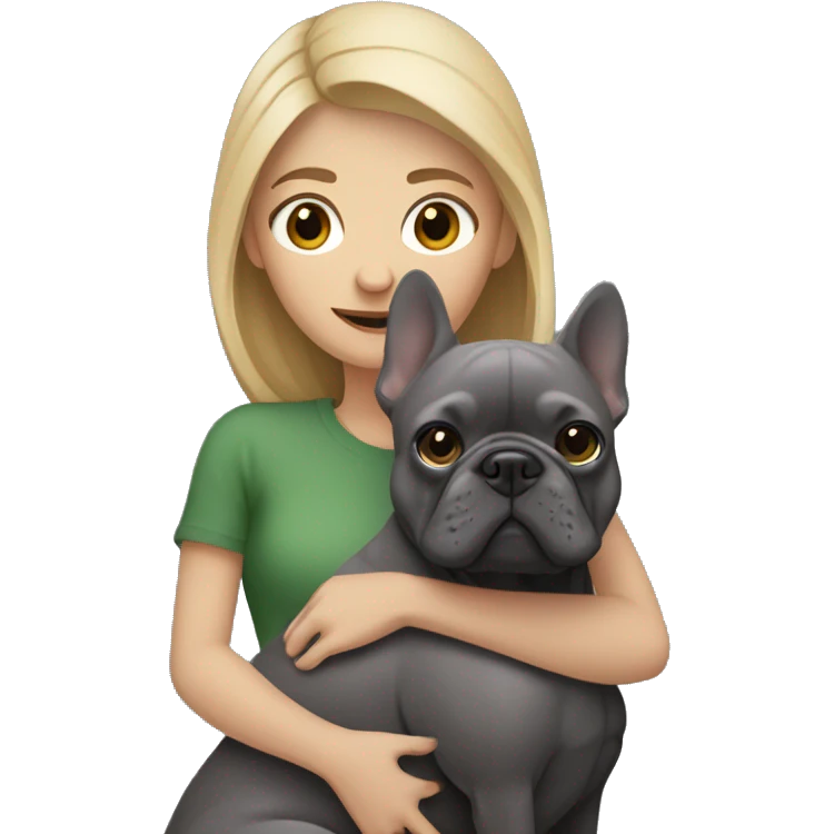 dark blonde woman hugging dark gray french bulldog emoji