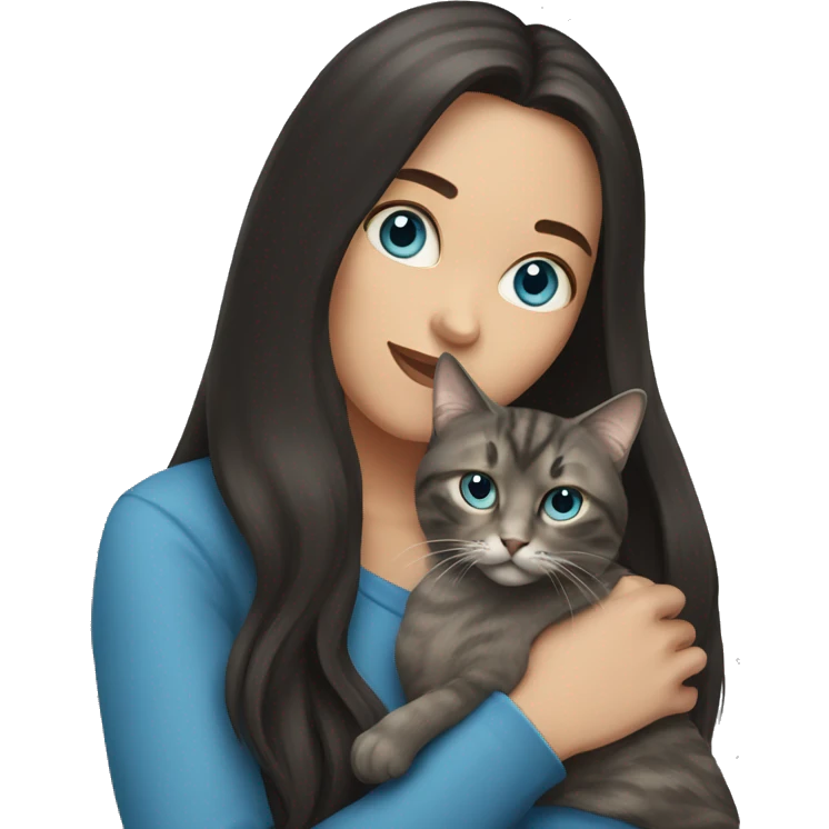 Woman with dark long hair and blue eyes holding a tabby cat  emoji