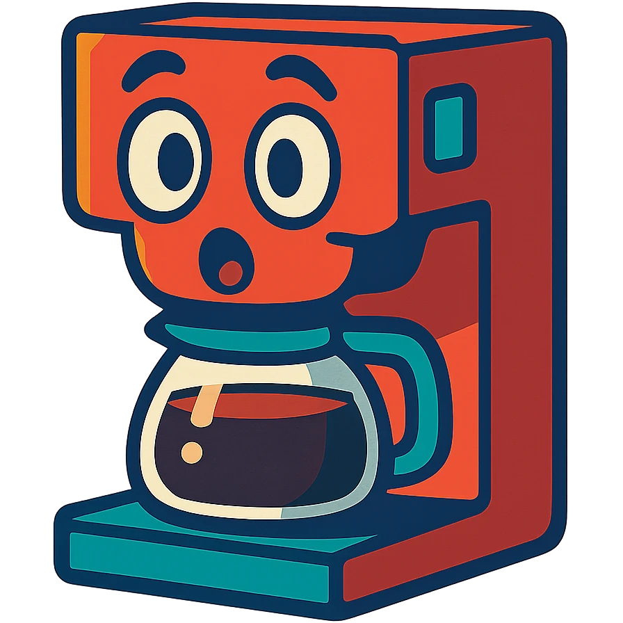 a coffee machine with a cute surprised expression, personified, looking friendly emoji
