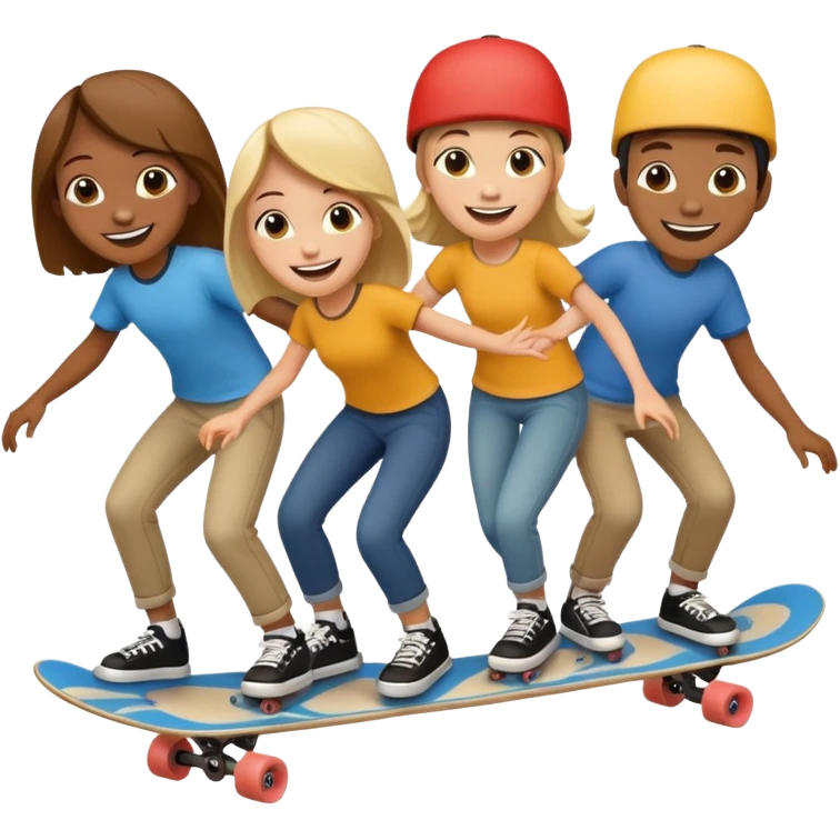 Four people no skin color on one long skateboard emoji