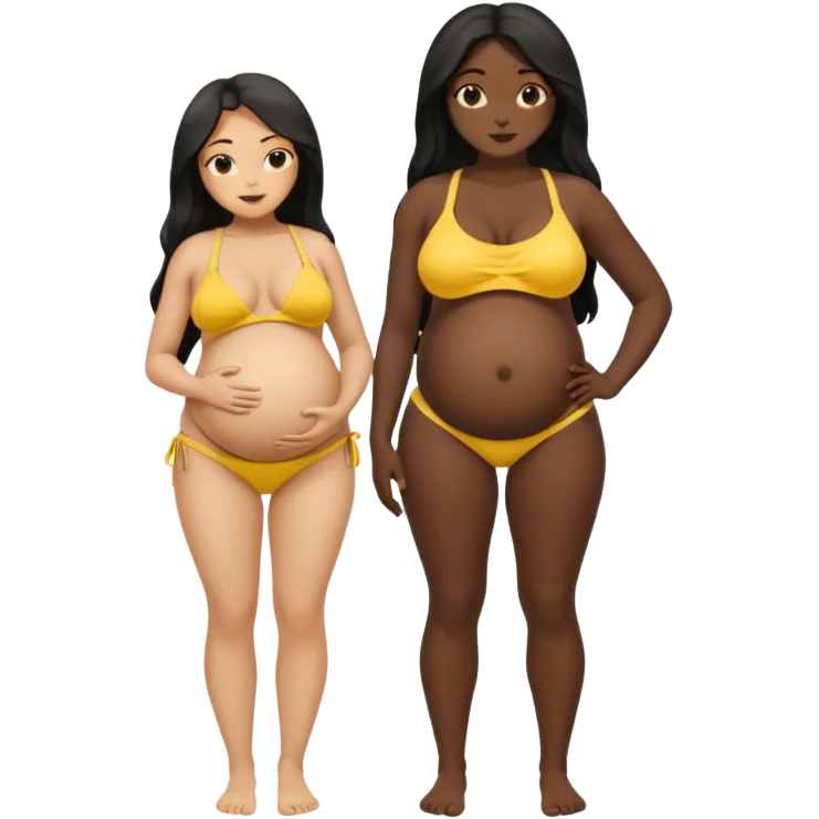 Dark black skin, african black Woman with huge pregnant belly, long hair, yellow bikini, bare midriff, full body, hand on hip. emoji