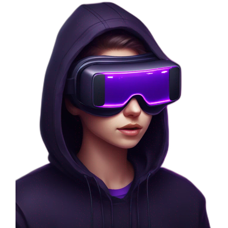 Russian student in the black hoody with violet letters "OMG VR" on it wearing vr headset. Cyberpunk style. Violet neon. emoji