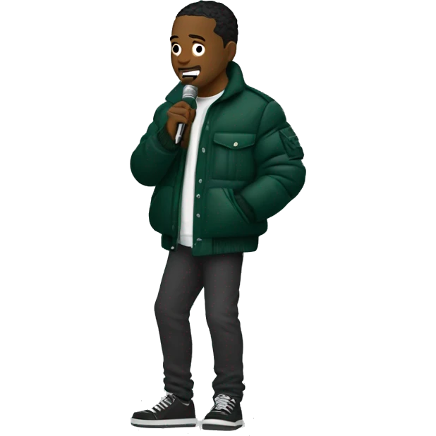 Side profile of a hip hop artist. He has an arm extended down and is holding a mic in that hand. He's wearing a dark green puffy jacket.  emoji