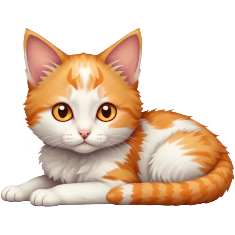 full body of very small + skinny ginger and white kitten with deep orange eyes and triangular shaped face lying down emoji