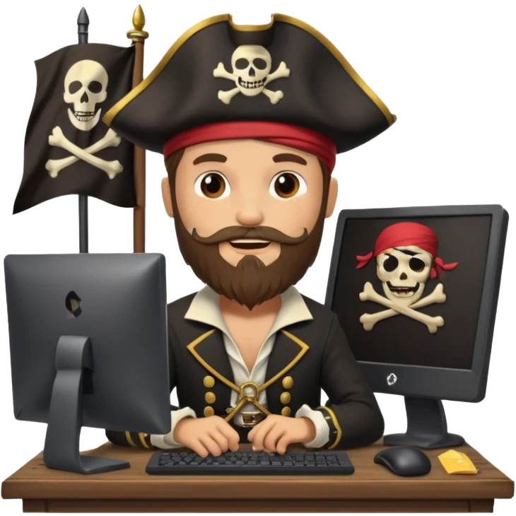 pirate captain with a beard, coding on a desktop computer, pirate flag with code symbol, cheerful and creative emoji