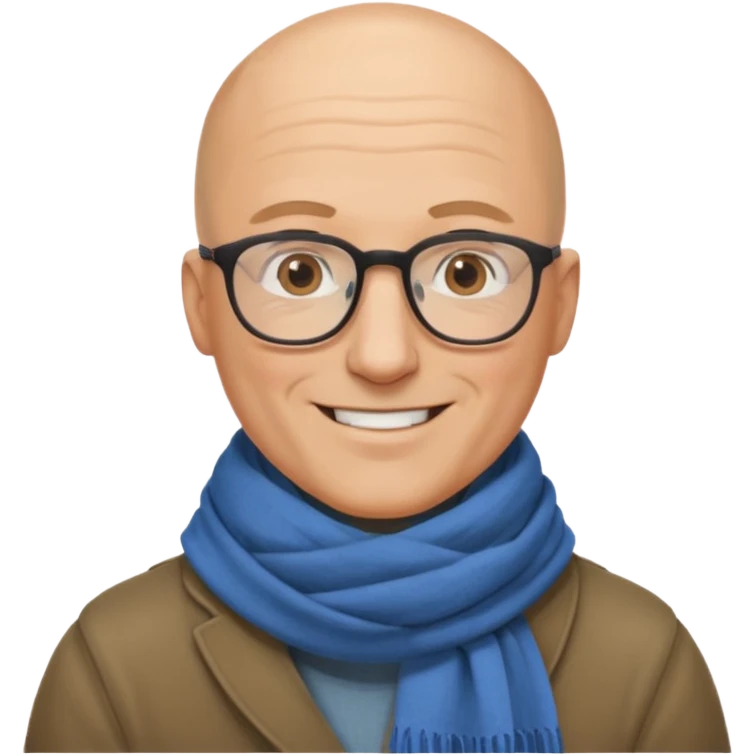 middle aged man, bald, wearing glasses and a scarf, friendly smile emoji