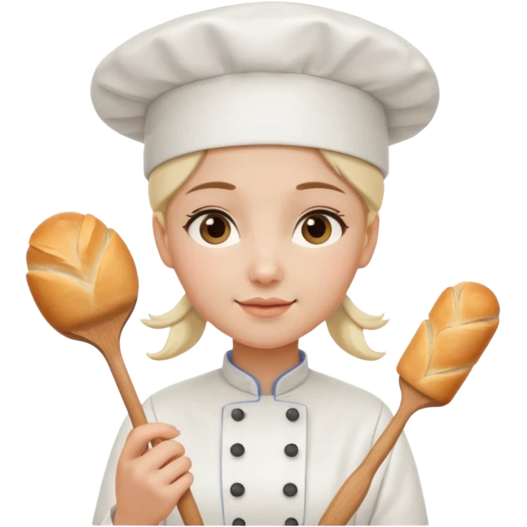 Young female baker - white chef hat, holding cream piping bag and bread emoji