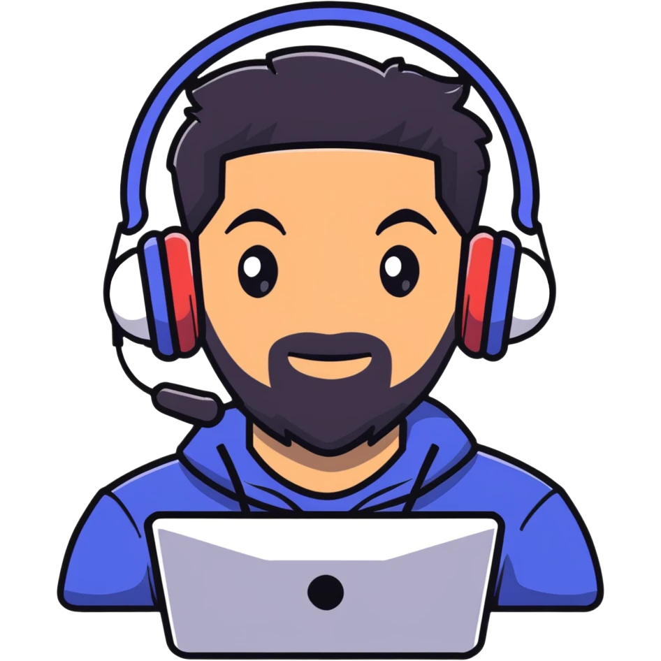 laughing man with black hair, brown eyes, black beard wearing gaming headset emoji