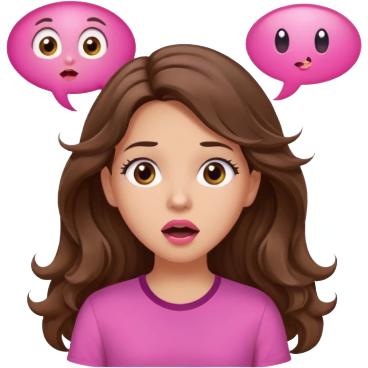 girl with long wavy brown hair, brown eyes, light to medium complexion, in a pink shirt, pink lips, long lashes, surprised, wow speech bubble emoji
