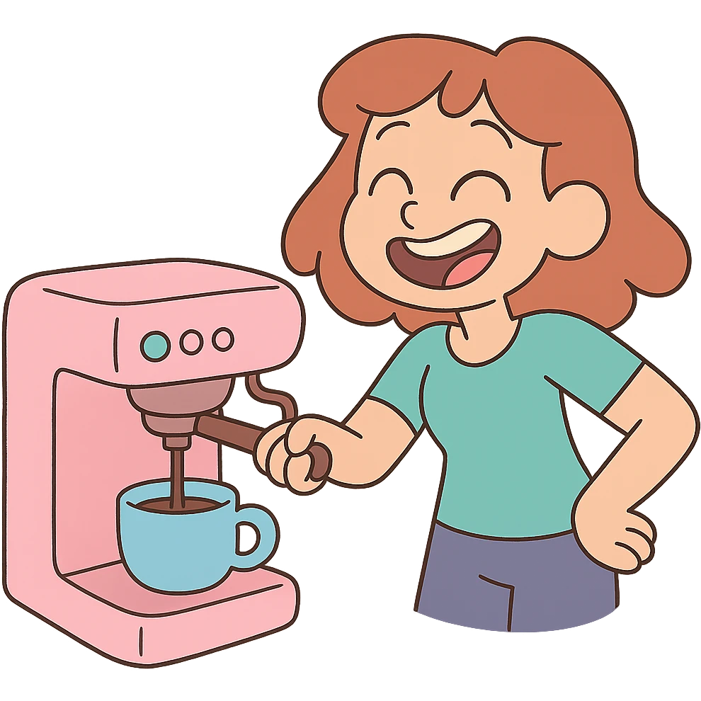 pastel pink coffee machine, calArts 2010s cartoon style, soft colors, rounded shapes, cute and modern emoji
